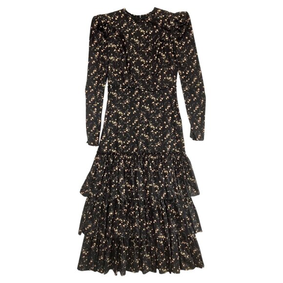 The Vampires Wife Earl Floral Ruffle Layered Midi Dress Black US 6 UK 10 - Picture 1 of 16